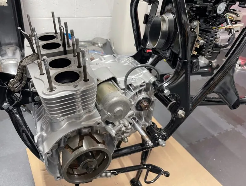 The bottom end of the Honda CB350F was installed in the frame first for ease of handling